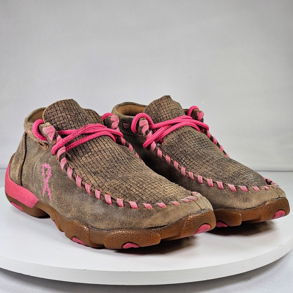 Twisted X‎ Kids Driving Moc Brown Pink Breast Cancer Ribbon Shoes YDM0026 12.5M